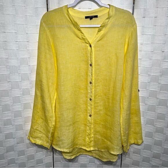 Charlie B 100% Linen Button Down Shirt Size Medium Roll Tab Sleeve Canary Yellow - Picture 1 of 11